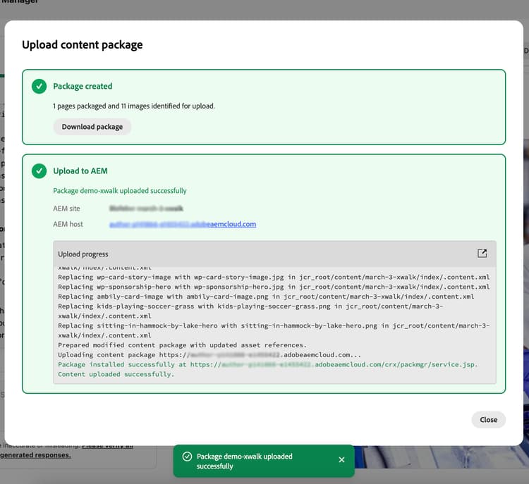 Upload-Fortschritt und -Abschluss in AEM