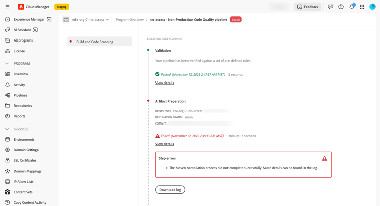 Pipeline-Fehler, wie auf der Seite Build- und Code-Überprüfung angezeigt