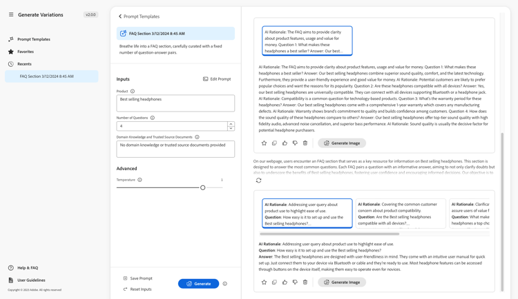 Varianten generieren – Prompt mit Titel und Beschreibung, die separat formatiert sind