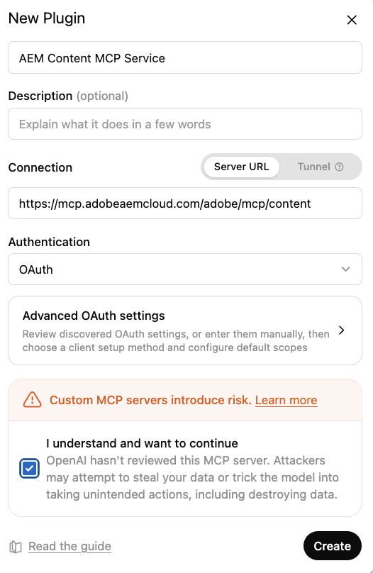 Das neue Plug-in-Konfigurationsformular in ChatGPT.