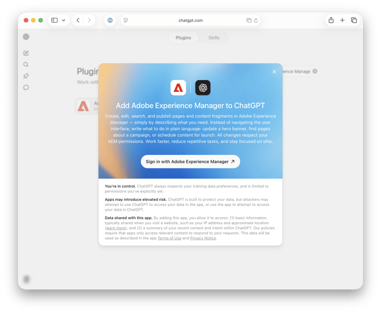 Der Dialog Adobe Experience Manager zu ChatGPT hinzufügen mit Anmelden bei Adobe Experience Manager.