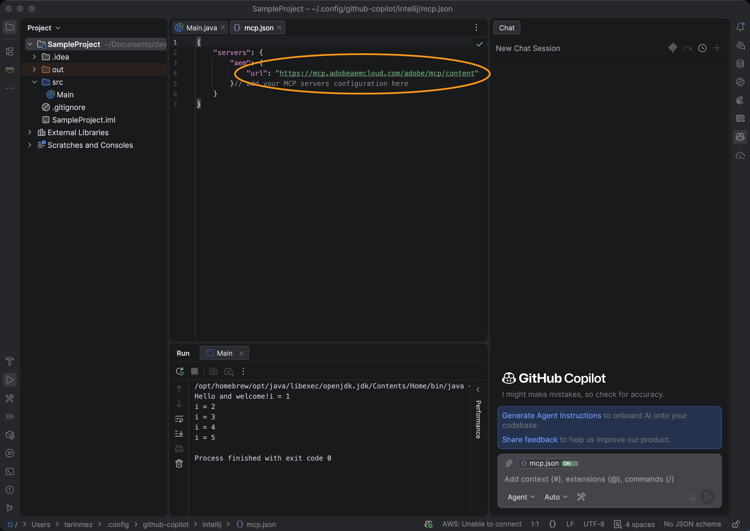 Die Konfigurationsdatei mcp.json mit der AEM-MCP-Server-URL.