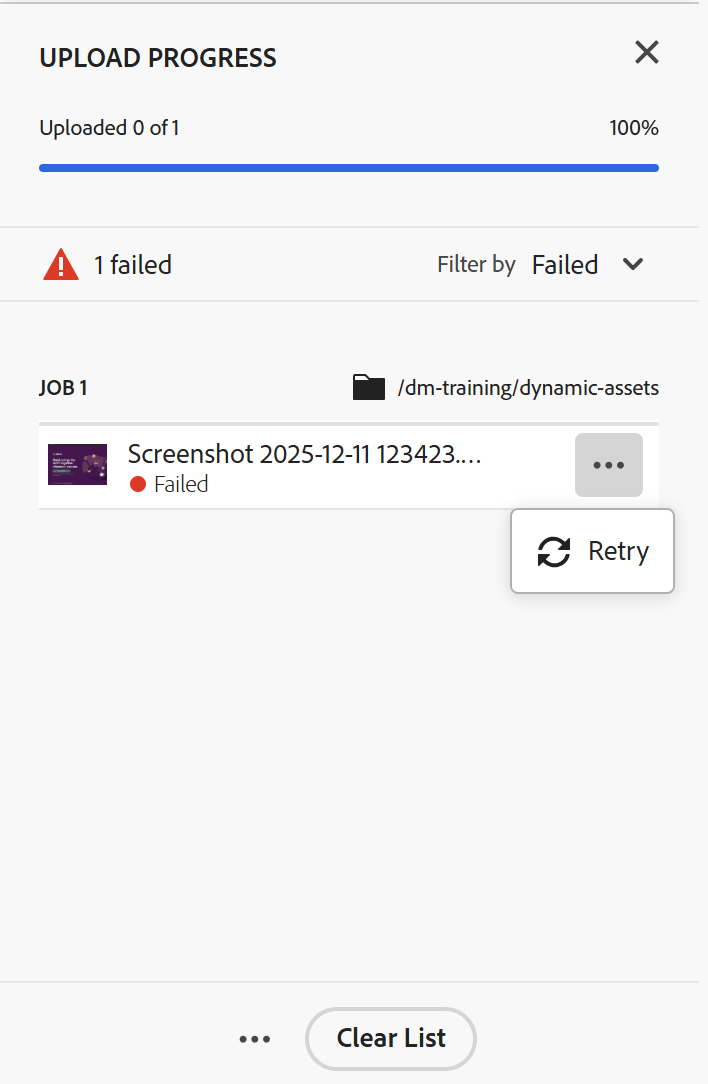 Fehlgeschlagenen Upload wiederholen