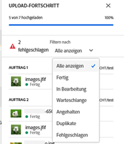 Filtern des Upload-Fortschritts nach dem Upload-Status