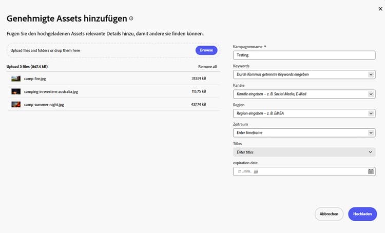 Hochladen von Assets in Content Hub