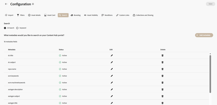 Suche in der Konfigurations-Benutzeroberfläche in Content Hub