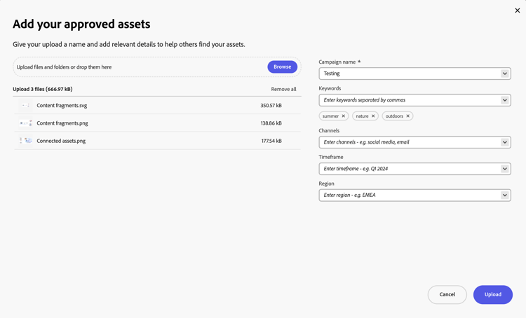 Hochladen von Assets in Content Hub