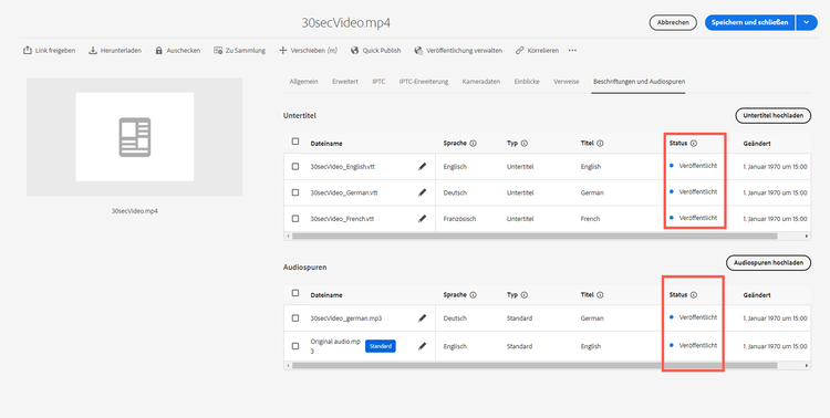 Hervorgehobene Spalte „Status“ für die Felder „Untertitel“ und „Audiospuren“