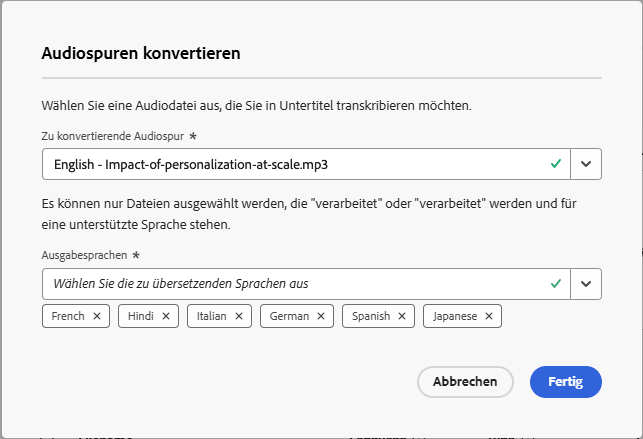 Dialogfeld „Audiospuren konvertieren“