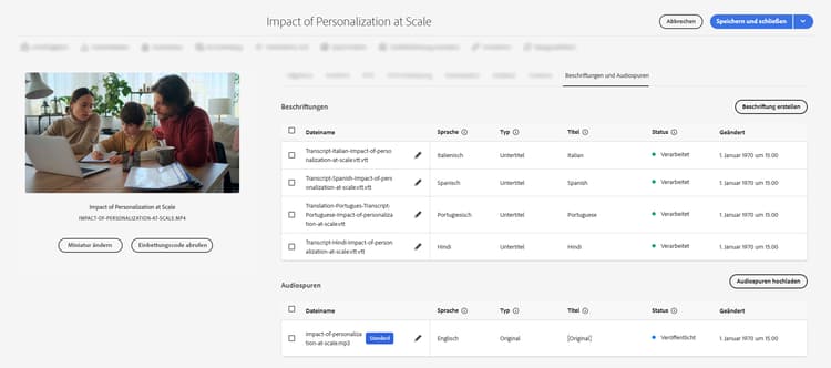 Registerkarte „Untertitel und Audiospuren“ in Dynamic Media zusammen mit einer Tabelle der hochgeladenen .VTT-Untertiteldateien und der hochgeladenen .MP3-Audiospurdateien für ein Video.