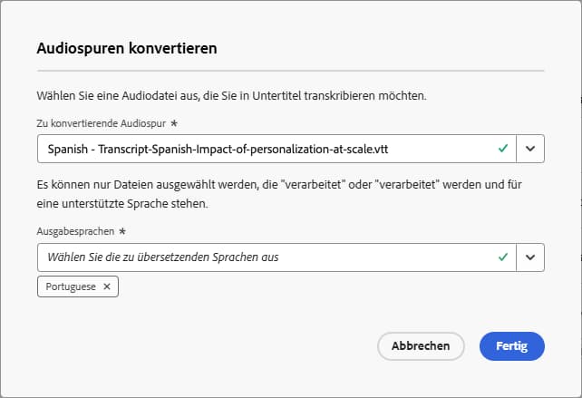 Dialogfeld „Untertitel übersetzen“