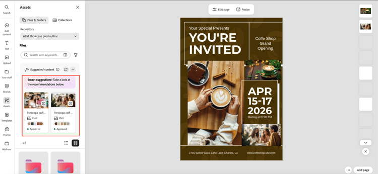 Empfohlene Inhalte von Content Advisor in Adobe Express