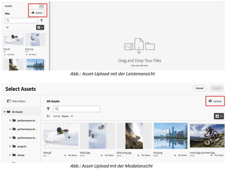 Hochladen von Assets in den Asset-Wähler
