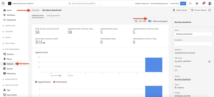 Statistiken zu Datensatzdaten in Experience Platform