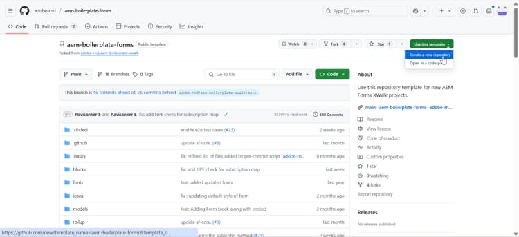 Erstellen eines neuen Repositorys mithilfe der AEM Forms-Bausteinvorlage