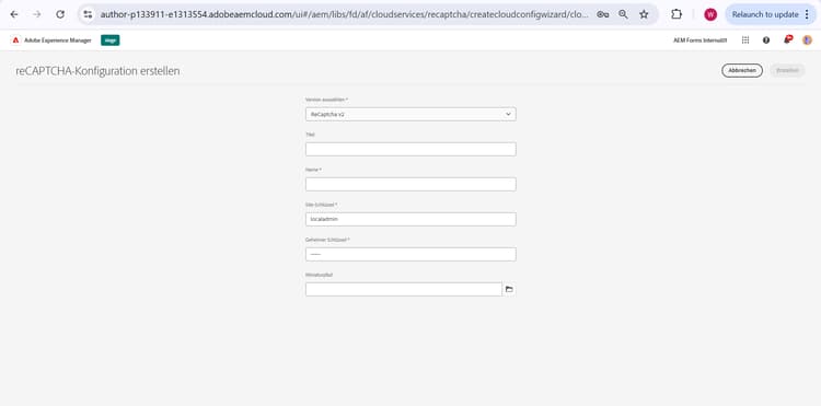 reCAPTCHA-Standard-Konfigurationsbildschirm