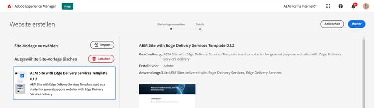 Auswahl der Site-Vorlage
