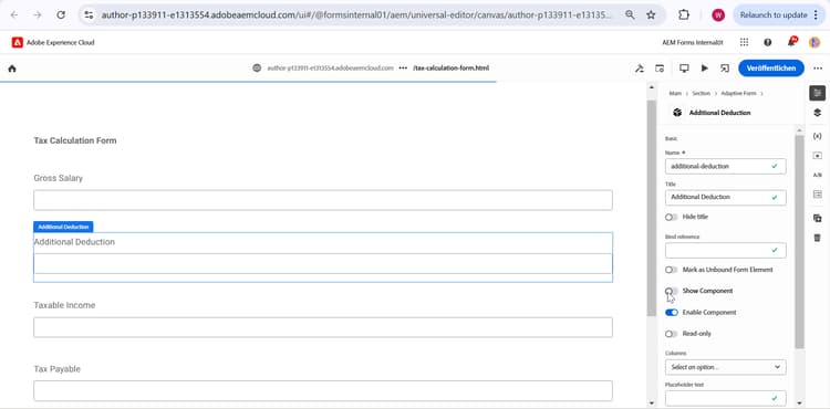 Screenshot eines Steuerberechnungsformulars mit Eingabefeldern für Bruttogehalt, Familienstand und unterhaltsberechtigte Kinder, auf denen die Formularstruktur vor der Anwendung von Regeln veranschaulicht wird