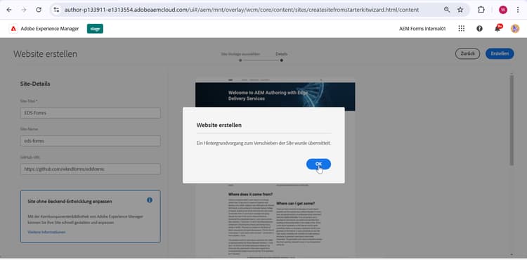 Bestätigen der Site-Erstellung