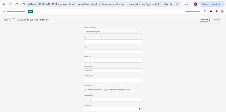 reCAPTCHA Enterprise-Konfigurationsbildschirm