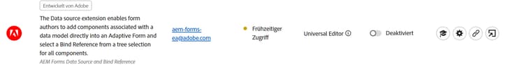 Screenshot der Extension Manager-Benutzeroberfläche des universellen Editors mit den verfügbaren Erweiterungen, einschließlich der Datenquellenerweiterung, die für die Formularintegration aktiviert werden kann