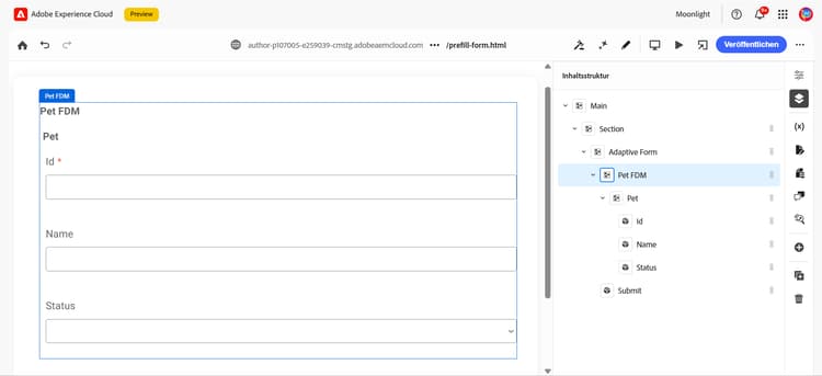 Screenshot des universellen Editors mit schemabasiertem Formular