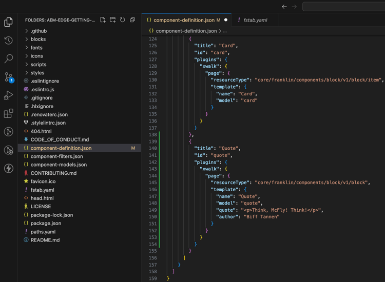 Bearbeiten der Datei „component-definitions.json“, um den Zitatblock zu definieren