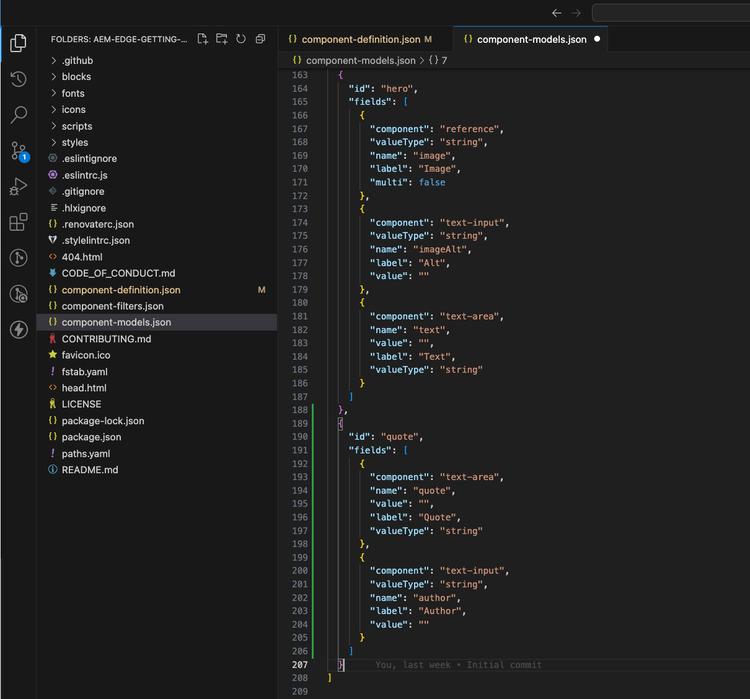 Bearbeiten der Datei „component-models.json“, um das Modell des Zitatblocks zu definieren