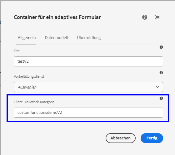 Hinzufügen des Namens der Client-Bibliothek in der Konfiguration des Containers für adaptive Formulare