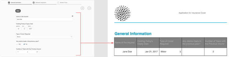 Felder in einem Bereich, die im Datensatzdokument im Tabellen-Layout dargestellt werden