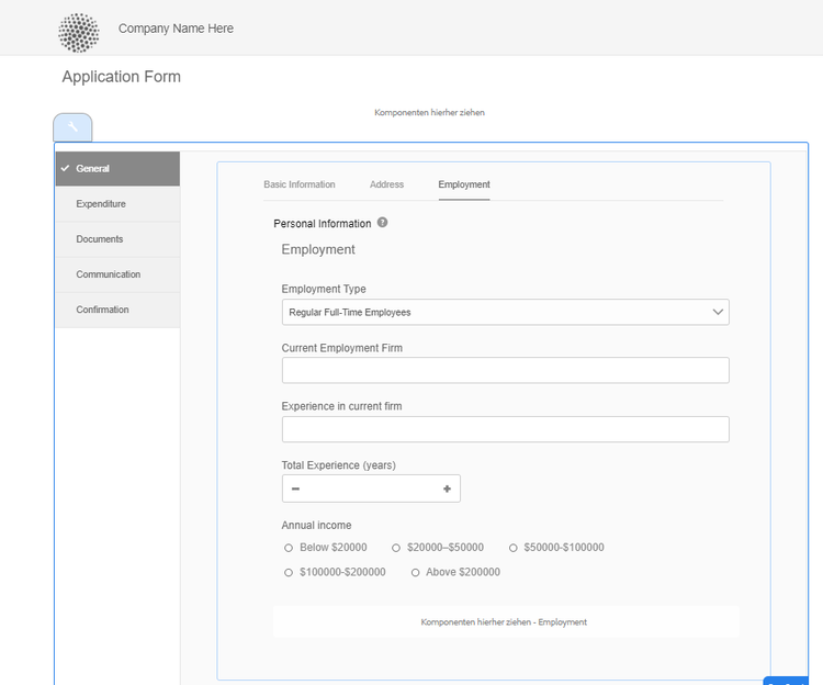 Layout mit Registerkarten in adaptiven Formularen, mit Registerkarten am oberen Rand