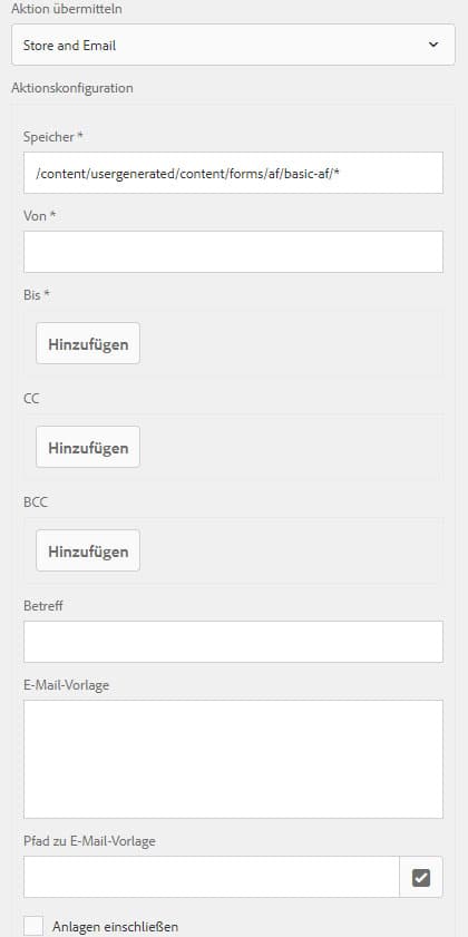 Dialogfeld mit Konfiguration der Sende-Aktion