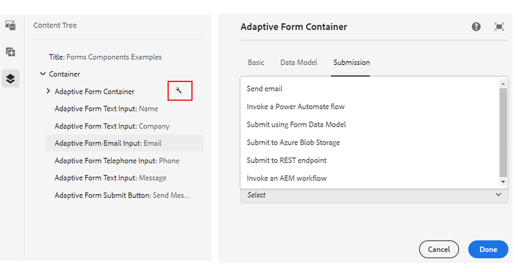 Klicken Sie auf das Schraubenschlüsselsymbol, um das Dialogfeld „Container für ein adaptives Formular“ zu öffnen und eine Übermittlungsaktion für ein adaptives Formular zu konfigurieren.