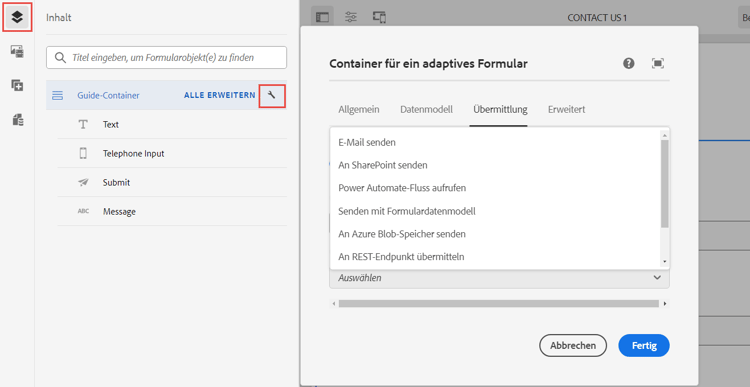 Klicken Sie auf das Schraubenschlüsselsymbol, um das Dialogfeld „Container für ein adaptives Formular“ zu öffnen und eine Übermittlungsaktion zu konfigurieren
