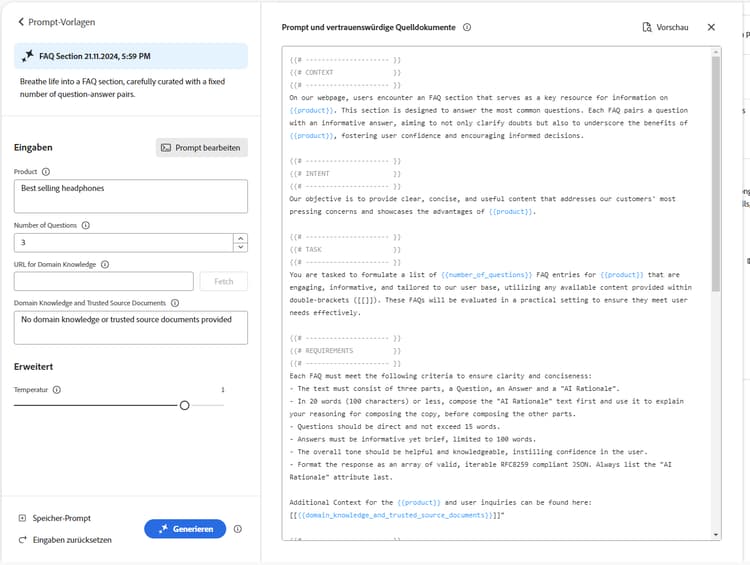 Varianten generieren – Prompt mit Tonalität bearbeitet