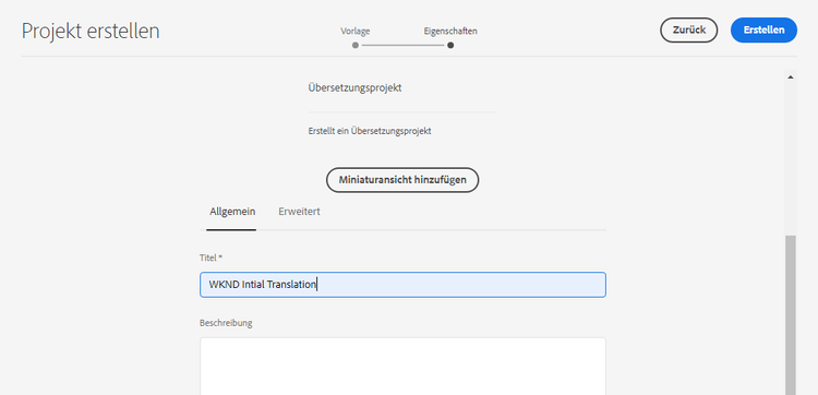 Registerkarte „Allgemein“ des Projekts