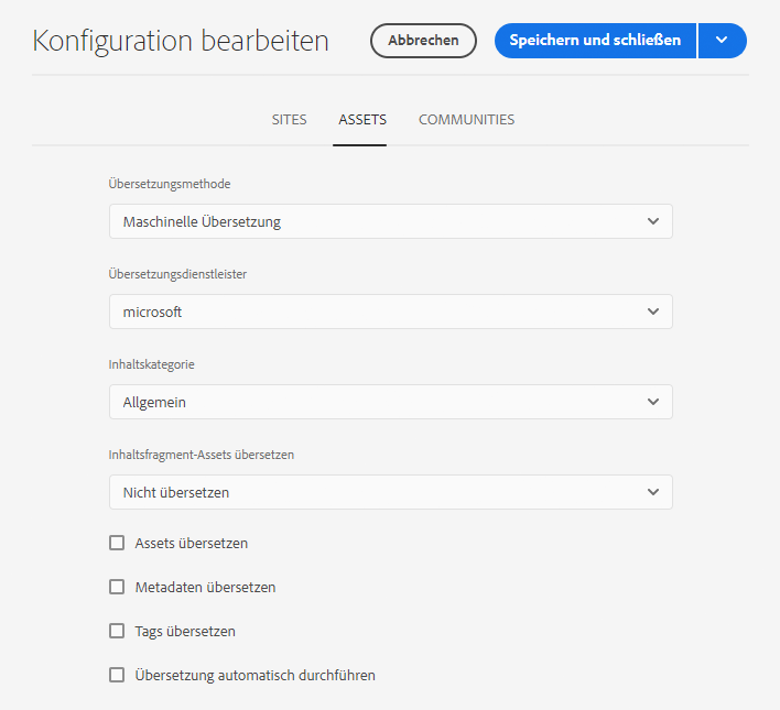 Eigenschaften der Übersetzungskonfiguration