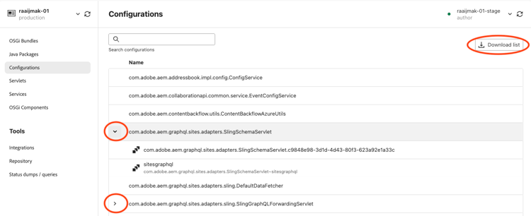 Registerkarte „Konfigurationen“ in der Benutzeroberfläche der Developer Console
