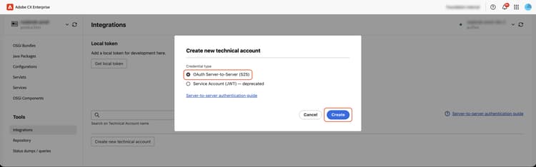 Dialogfeld „Neues technisches Konto erstellen“ mit ausgewählter OAuth-Server-zu-Server