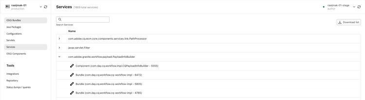 Registerkarte „Dienste“ in der Benutzeroberfläche der Developer Console