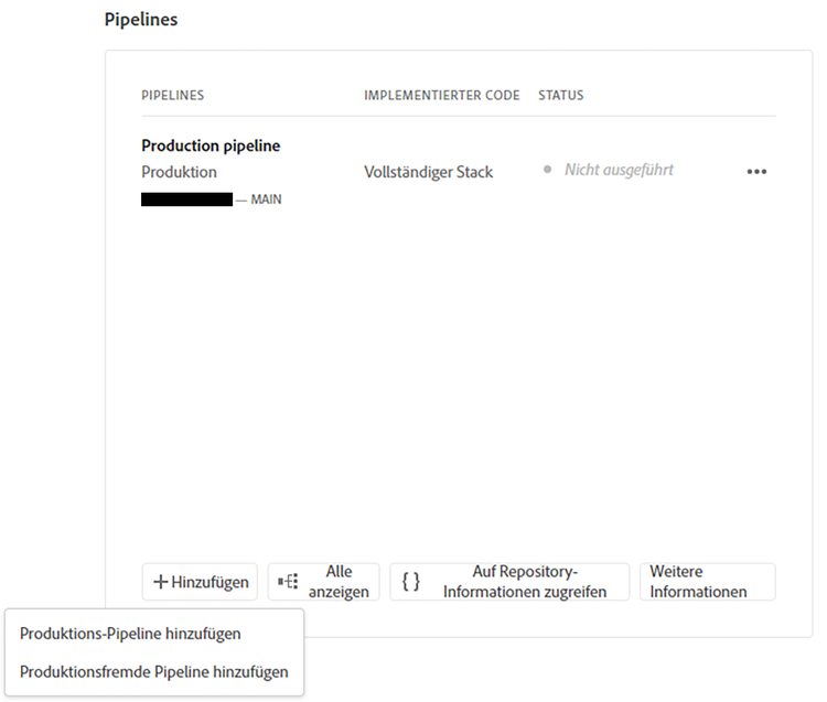 Produktionsfremde Pipeline hinzufügen