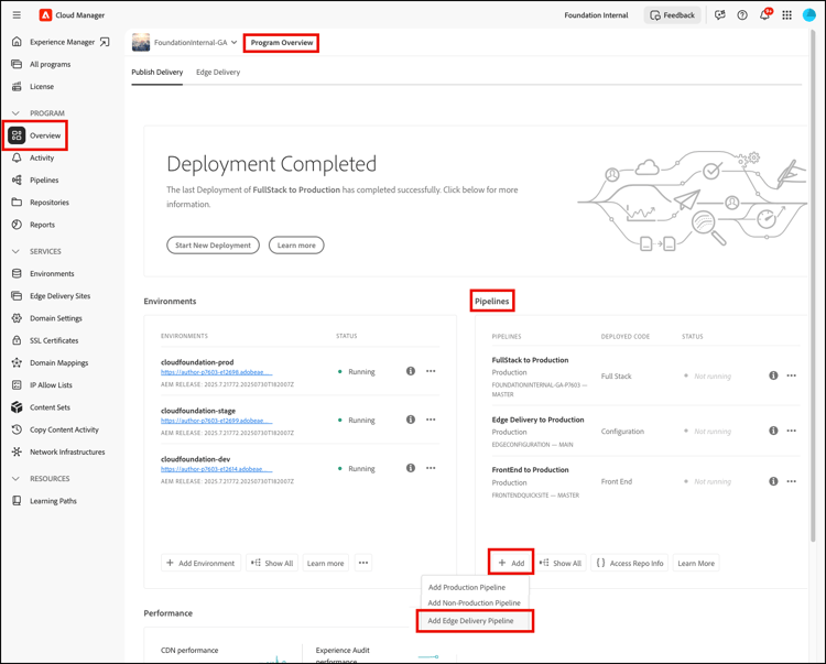 Die Karte „Pipelines“ auf der Seite „Programmüberblick“