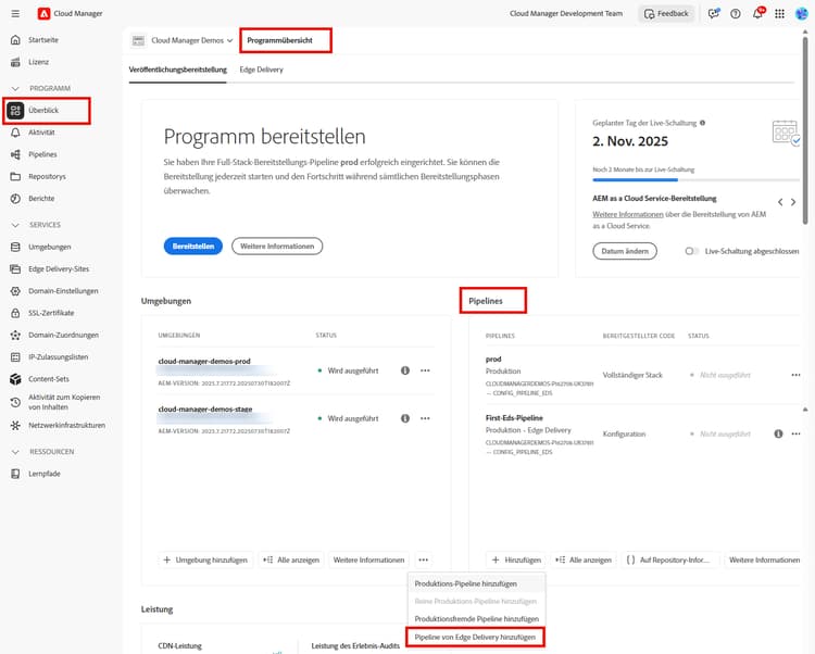 Die Karte „Pipelines“ auf der Seite „Programmüberblick“