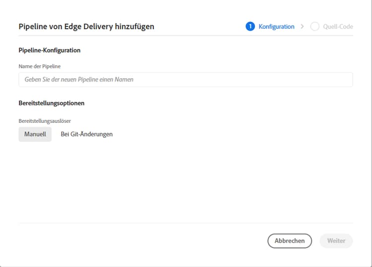 Dialogfeld „Edge Delivery-Pipeline hinzufügen“