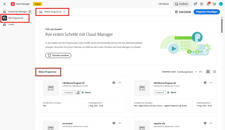 Die Seite „Meine Programme“ in Cloud Manager