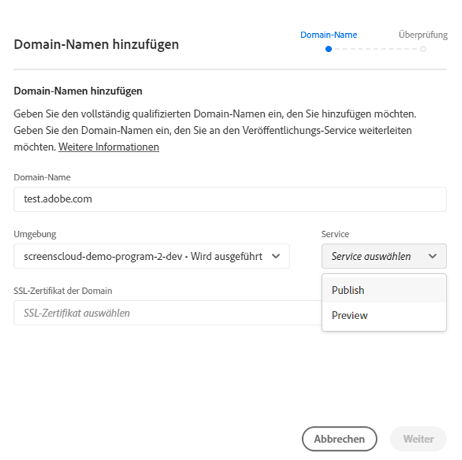 Dialog „Domain hinzufügen“