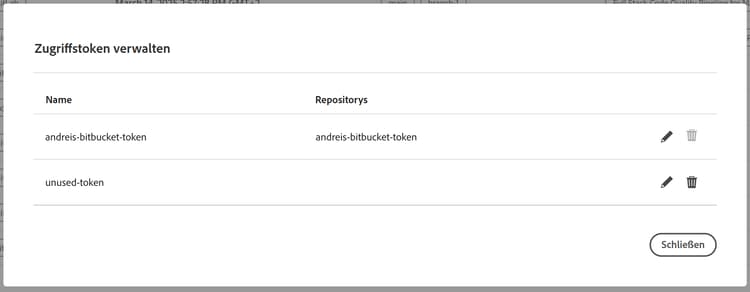 Dialogfeld „Zugriffs-Token verwalten“ mit einem aktiven und einem inaktiven Token