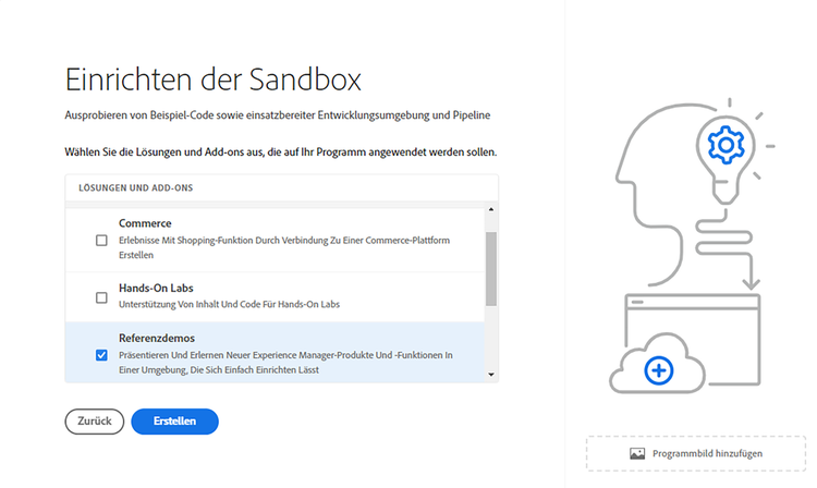 Lösungen und Add-ons für eine Sandbox auswählen