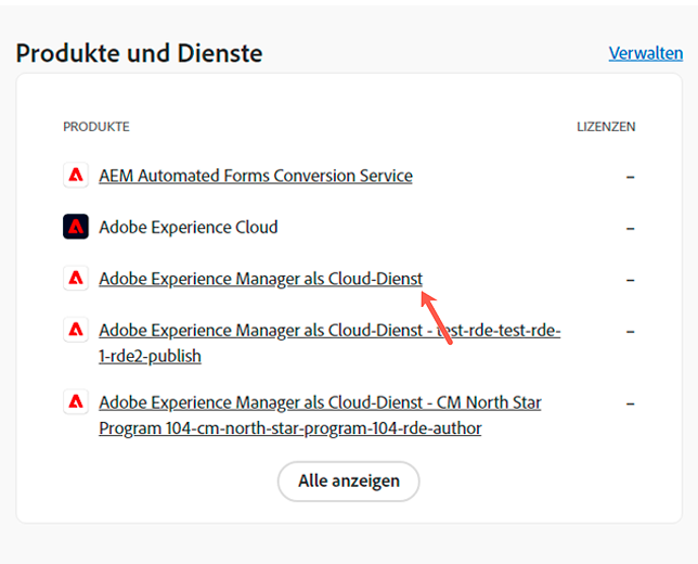 Liste der Produkte und Dienste in der Admin Console