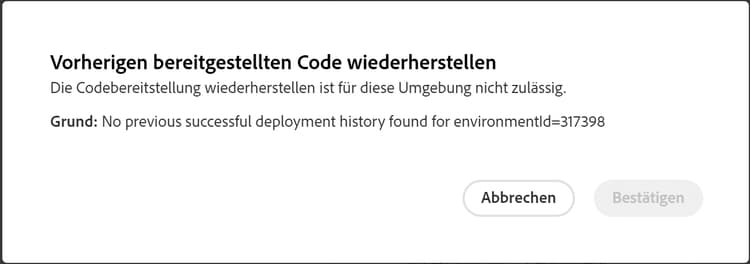 Fehlerdialogfeld bei der Wiederherstellung zuvor bereitgestellten Codes